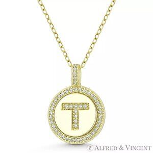 Initial Letter "T" CZ Crystal Pave Pendant in .925 Sterling Silver w/ 14k YG